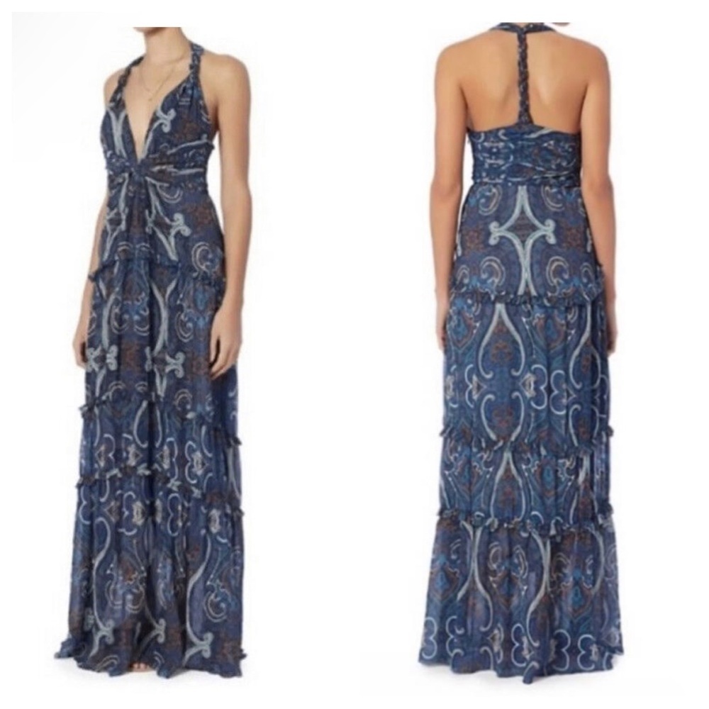 Intermix Women’s Silk Navy Paisley Ruffle Tiered Twist Racerback Maxi Dress